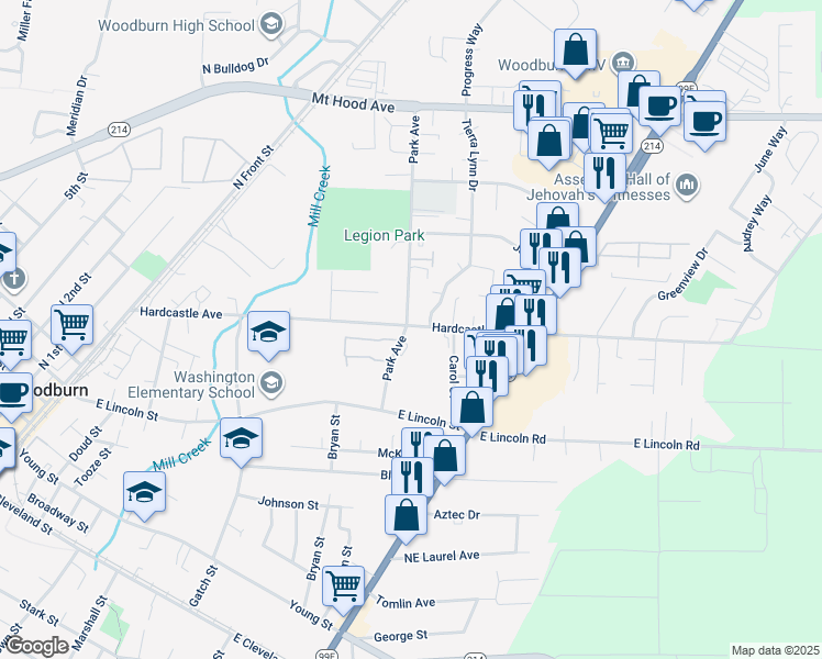 map of restaurants, bars, coffee shops, grocery stores, and more near 1088 Park Avenue in Woodburn