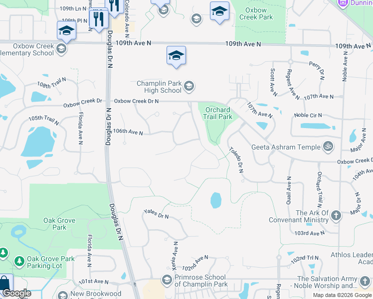 map of restaurants, bars, coffee shops, grocery stores, and more near 10525 Welcome Drive North in Minneapolis