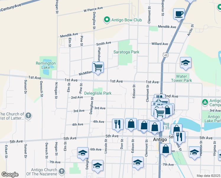map of restaurants, bars, coffee shops, grocery stores, and more near 930 Lincoln Street in Antigo