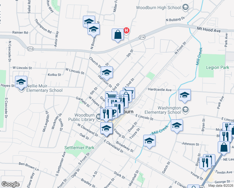 map of restaurants, bars, coffee shops, grocery stores, and more near 683 North 2nd Street in Woodburn