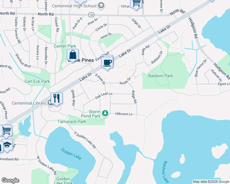 map of restaurants, bars, coffee shops, grocery stores, and more near 22 Oak Leaf Lane in Circle Pines