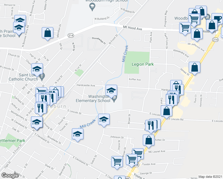 map of restaurants, bars, coffee shops, grocery stores, and more near 750 Hardcastle Ave in Woodburn