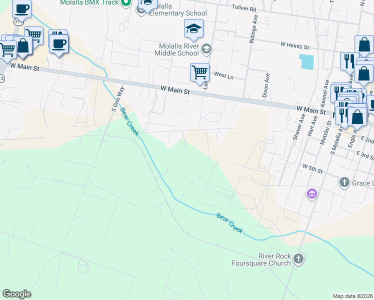 map of restaurants, bars, coffee shops, grocery stores, and more near 13434 South Lowe Road in Molalla