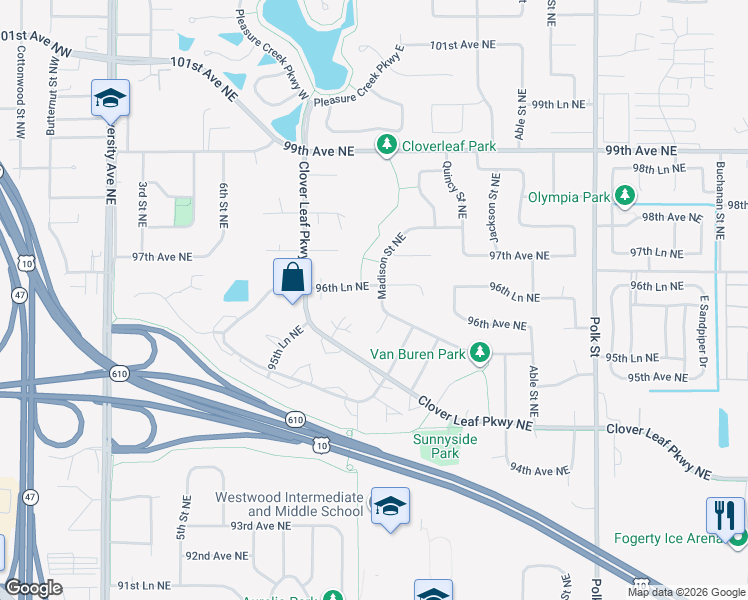 map of restaurants, bars, coffee shops, grocery stores, and more near 9570 Madison Street Northeast in Blaine