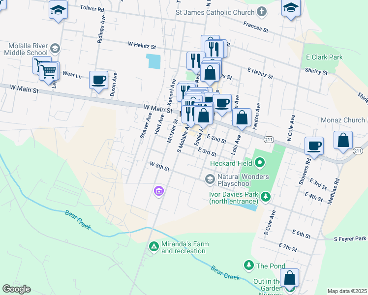 map of restaurants, bars, coffee shops, grocery stores, and more near 316 South Molalla Avenue in Molalla