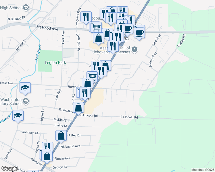 map of restaurants, bars, coffee shops, grocery stores, and more near 1735 Hardcastle Avenue in Woodburn