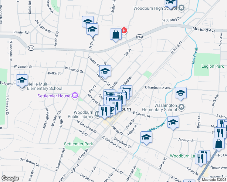 map of restaurants, bars, coffee shops, grocery stores, and more near 683 North 2nd Street in Woodburn