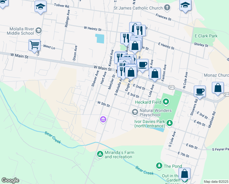 map of restaurants, bars, coffee shops, grocery stores, and more near 316 South Molalla Avenue in Molalla