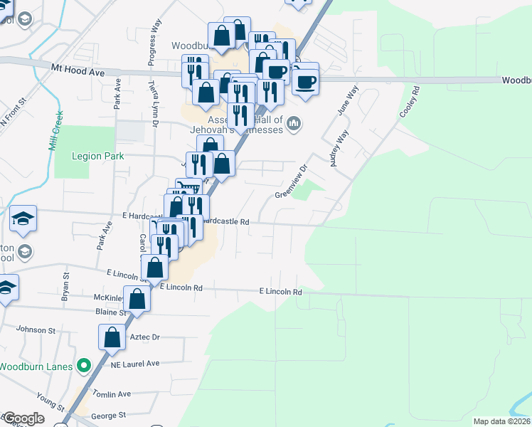 map of restaurants, bars, coffee shops, grocery stores, and more near 1110 Greenview Dr in Woodburn