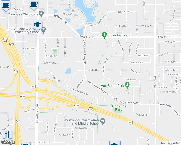 map of restaurants, bars, coffee shops, grocery stores, and more near 498 96th Lane Northeast in Blaine