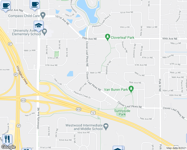 map of restaurants, bars, coffee shops, grocery stores, and more near 498 96th Lane Northeast in Minneapolis