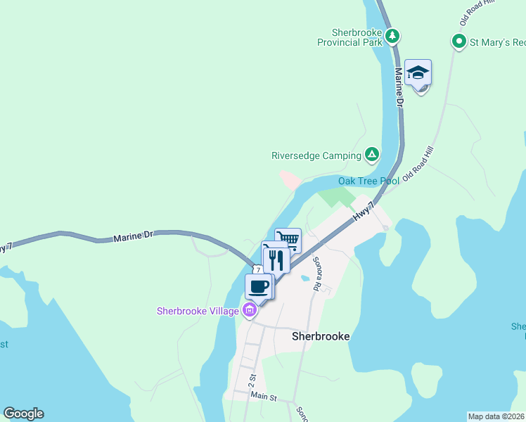 map of restaurants, bars, coffee shops, grocery stores, and more near 45 Hospital Road in Sherbrooke