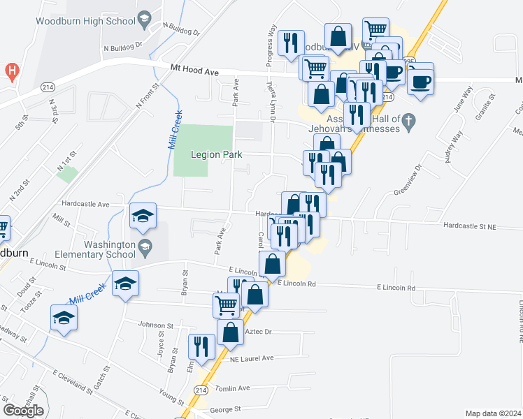 map of restaurants, bars, coffee shops, grocery stores, and more near 1409 Hardcastle Avenue in Woodburn