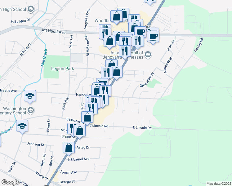 map of restaurants, bars, coffee shops, grocery stores, and more near 1735 Hardcastle Ave in Woodburn
