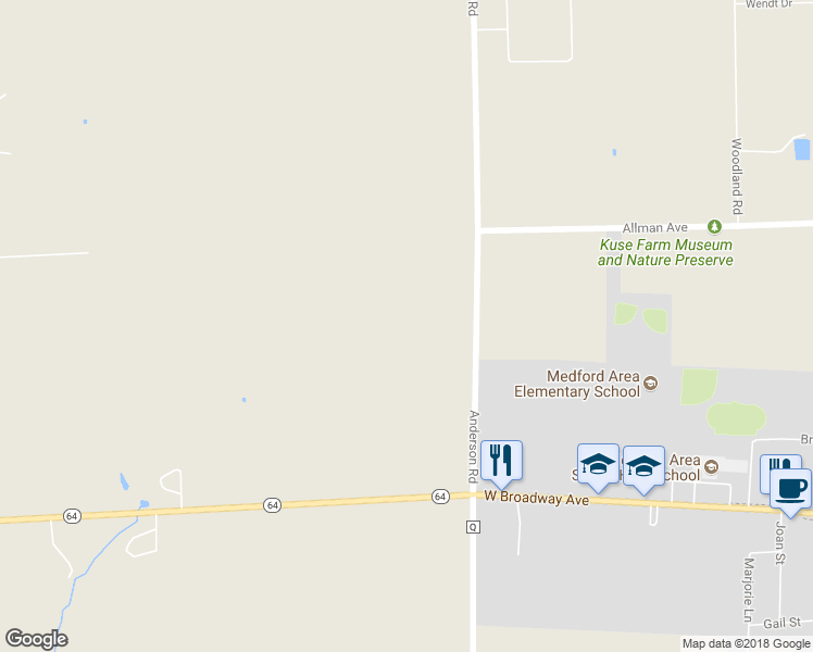 map of restaurants, bars, coffee shops, grocery stores, and more near N3117 County Road Q in Medford