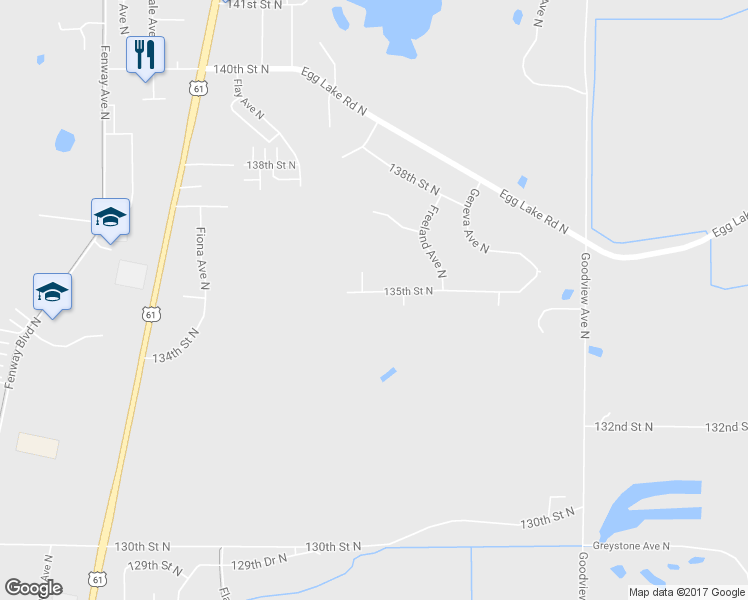 map of restaurants, bars, coffee shops, grocery stores, and more near 5845 135th Street North in Hugo