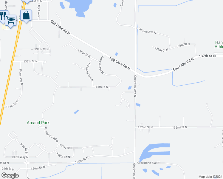 map of restaurants, bars, coffee shops, grocery stores, and more near 6125 135th Street North in Hugo