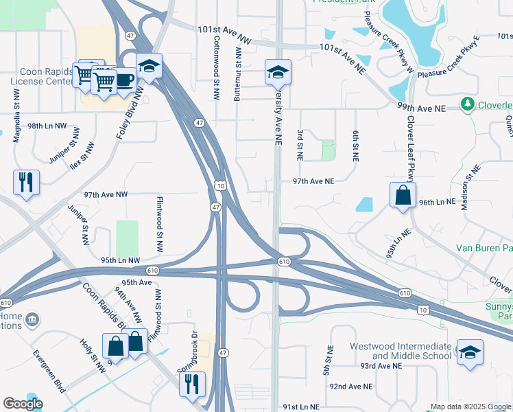map of restaurants, bars, coffee shops, grocery stores, and more near 32 97th Avenue Northwest in Coon Rapids