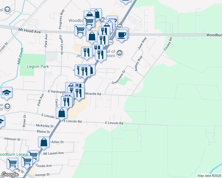 map of restaurants, bars, coffee shops, grocery stores, and more near 1110 Greenview Drive in Woodburn