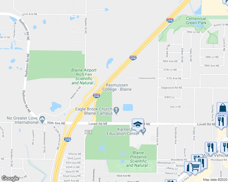 map of restaurants, bars, coffee shops, grocery stores, and more near 3629 95th Avenue Northeast in Circle Pines