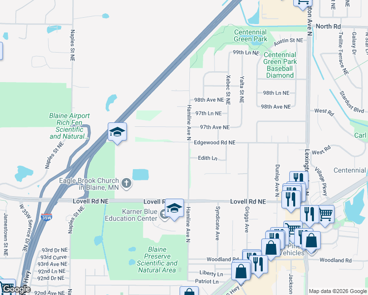 map of restaurants, bars, coffee shops, grocery stores, and more near 9576 Hamline Avenue North in Circle Pines