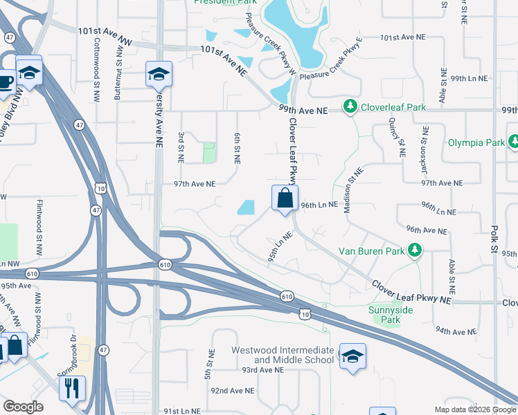 map of restaurants, bars, coffee shops, grocery stores, and more near 287 96th Lane Northeast in Blaine