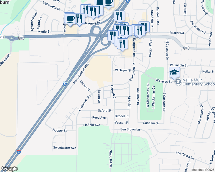 map of restaurants, bars, coffee shops, grocery stores, and more near Evergreen Road in Woodburn