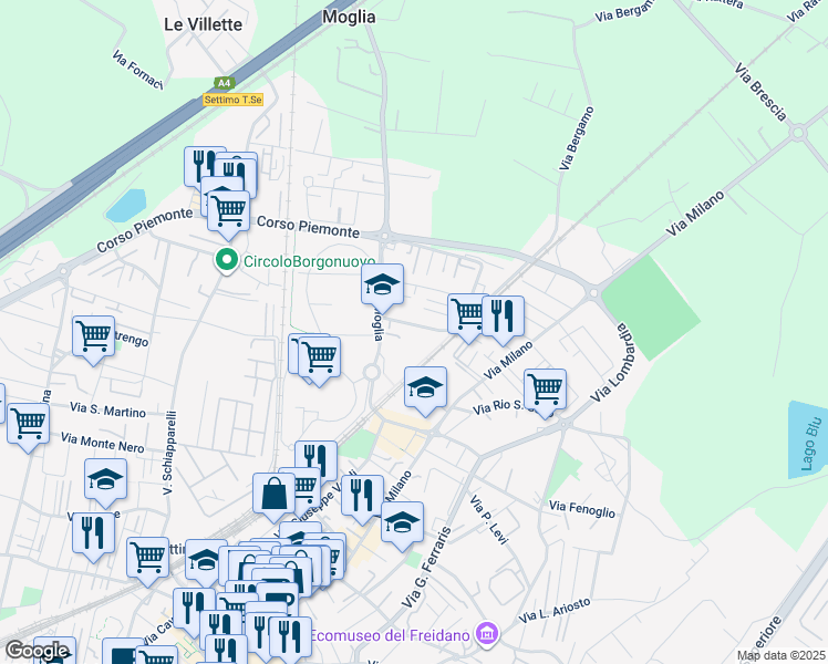 map of restaurants, bars, coffee shops, grocery stores, and more near 8A Via Monginevro in Settimo Torinese
