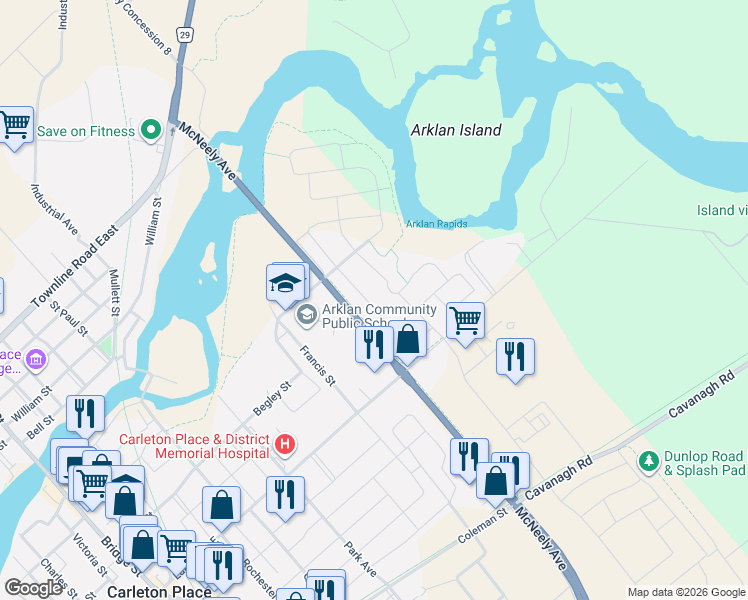 map of restaurants, bars, coffee shops, grocery stores, and more near 63 Crampton Drive in Carleton Place