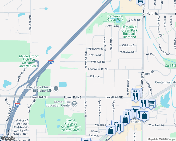map of restaurants, bars, coffee shops, grocery stores, and more near 9576 Hamline Avenue North in Circle Pines