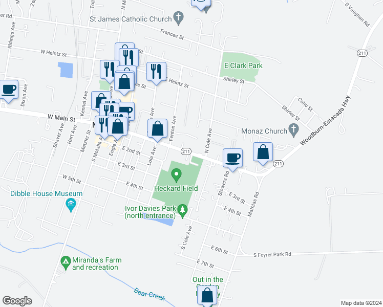map of restaurants, bars, coffee shops, grocery stores, and more near East Main Street in Molalla