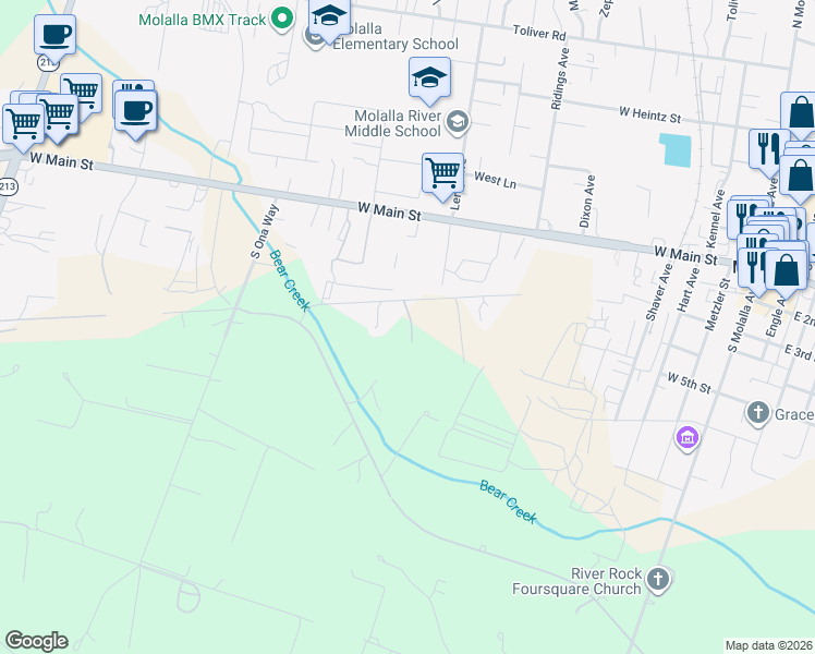 map of restaurants, bars, coffee shops, grocery stores, and more near 13434 South Lowe Road in Molalla