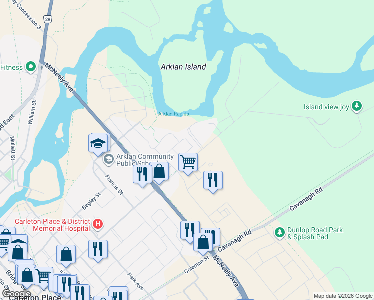 map of restaurants, bars, coffee shops, grocery stores, and more near 78 Sinclair Avenue in Carleton Place