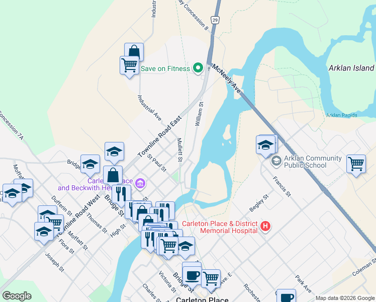 map of restaurants, bars, coffee shops, grocery stores, and more near 201 William Street in Carleton Place