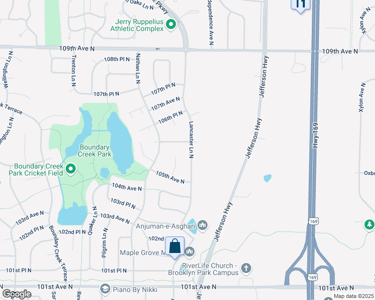 map of restaurants, bars, coffee shops, grocery stores, and more near 10538 Lancaster Lane North in Maple Grove