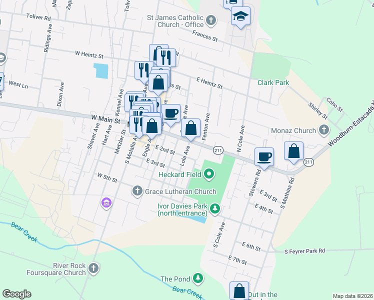 map of restaurants, bars, coffee shops, grocery stores, and more near 523 East 2nd Street in Molalla
