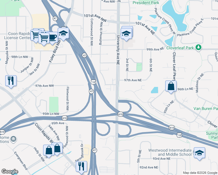 map of restaurants, bars, coffee shops, grocery stores, and more near 44 97th Avenue Northwest in Minneapolis