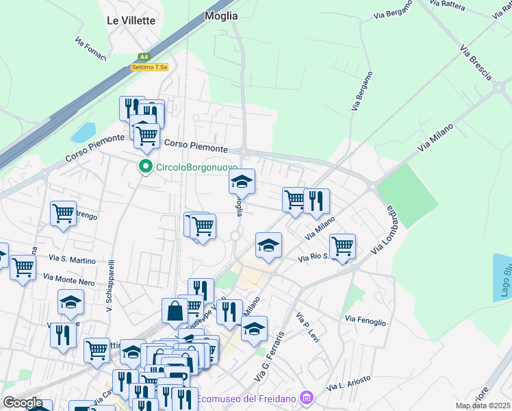 map of restaurants, bars, coffee shops, grocery stores, and more near 8A Via Monginevro in Settimo Torinese