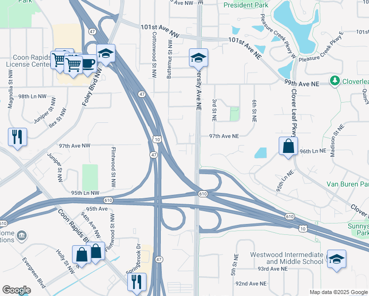 map of restaurants, bars, coffee shops, grocery stores, and more near 26 97th Avenue Northwest in Coon Rapids