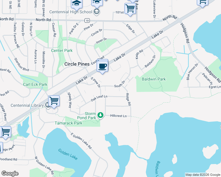 map of restaurants, bars, coffee shops, grocery stores, and more near 22 Oak Leaf Lane in Circle Pines