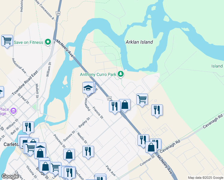 map of restaurants, bars, coffee shops, grocery stores, and more near 121 Crampton Drive in Carleton Place