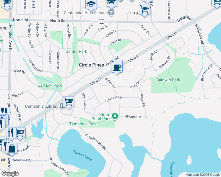 map of restaurants, bars, coffee shops, grocery stores, and more near 820 Civic Heights Drive in Circle Pines