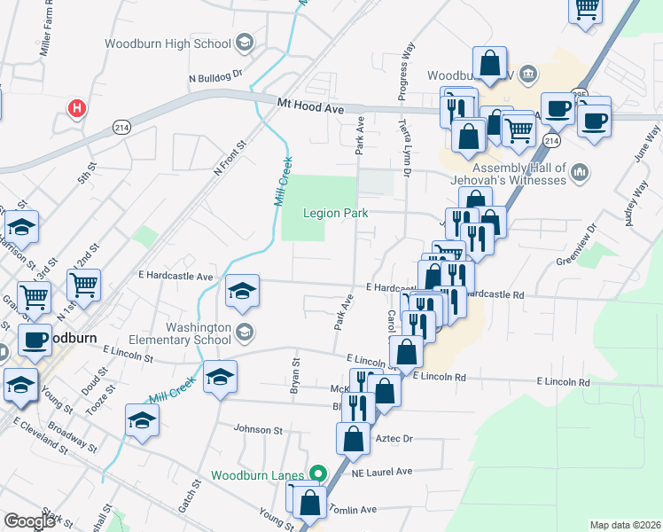 map of restaurants, bars, coffee shops, grocery stores, and more near 1180 Koffler Avenue in Woodburn