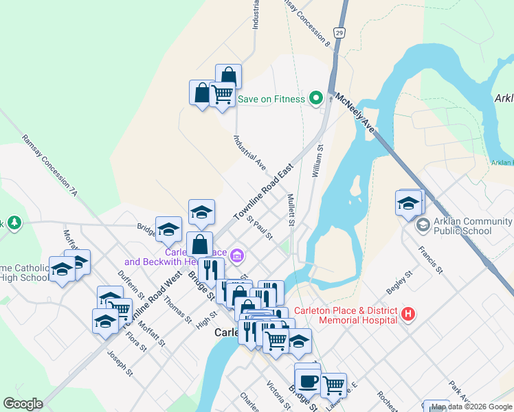 map of restaurants, bars, coffee shops, grocery stores, and more near in Carleton Place