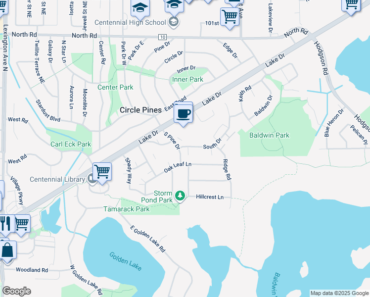 map of restaurants, bars, coffee shops, grocery stores, and more near 14D Oak Leaf Lane in Circle Pines