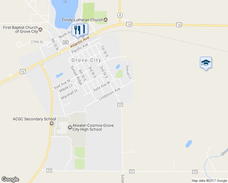 map of restaurants, bars, coffee shops, grocery stores, and more near 605 2nd Street South in Grove City