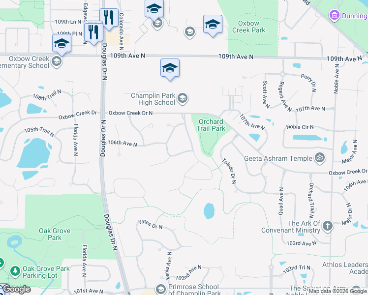map of restaurants, bars, coffee shops, grocery stores, and more near 10525 Welcome Drive North in Minneapolis