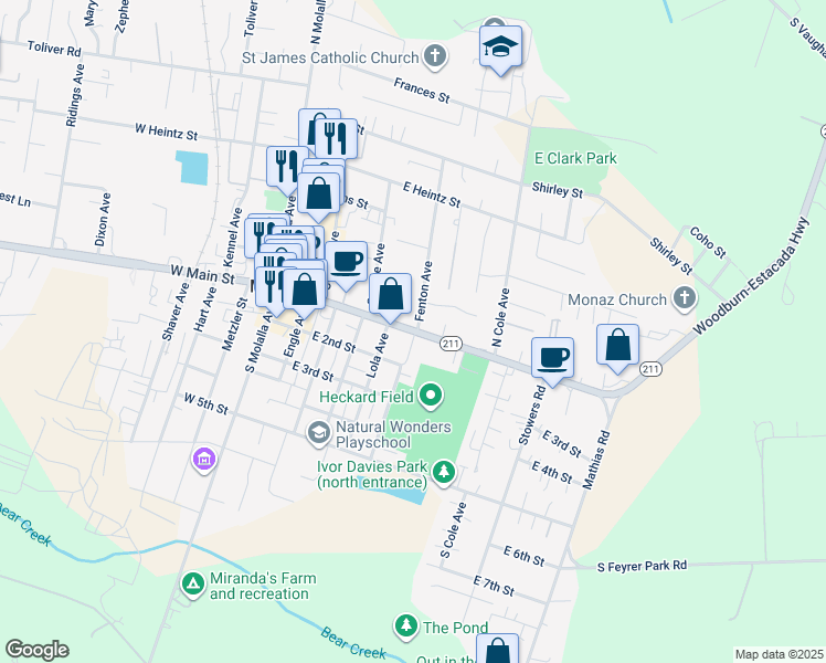 map of restaurants, bars, coffee shops, grocery stores, and more near 501 East Main Street in Molalla