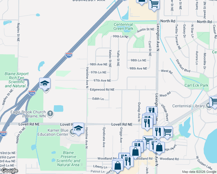 map of restaurants, bars, coffee shops, grocery stores, and more near 3885 97th Avenue Northeast in Circle Pines