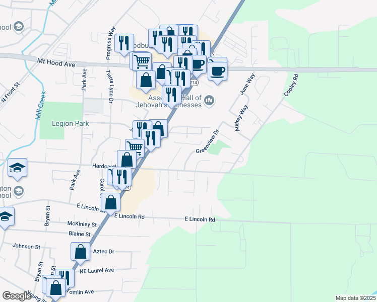 map of restaurants, bars, coffee shops, grocery stores, and more near 1310 North Pacific Highway in Woodburn
